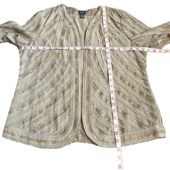 NEW CHICO’S Travelers Gilded Stripe Open Sheer Light Jacket SZ 1 M Tan Metallic - Picture 8 of 12